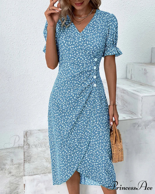 Floral button short sleeve dress Blue / S