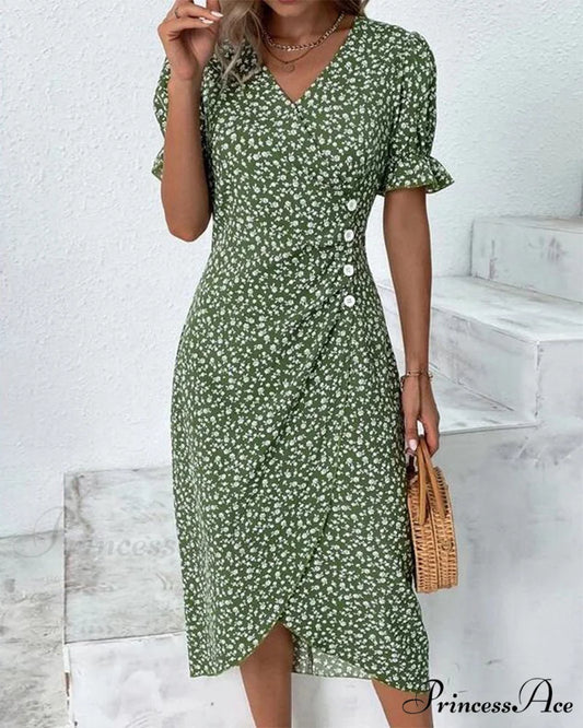 Floral button short sleeve dress Green / S