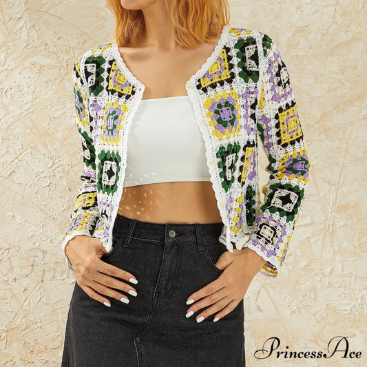 Floral Button-Up Boho Long Sleeve Knitted Cardigan PURPLE / One Size cardiagn-250126