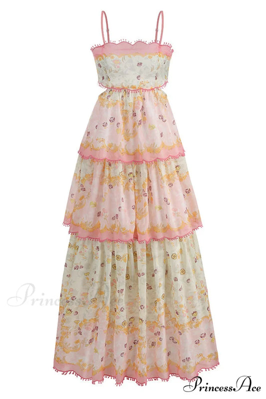 Floral Cami Tiered Charming Ruffle Hem Dress XS / Pink