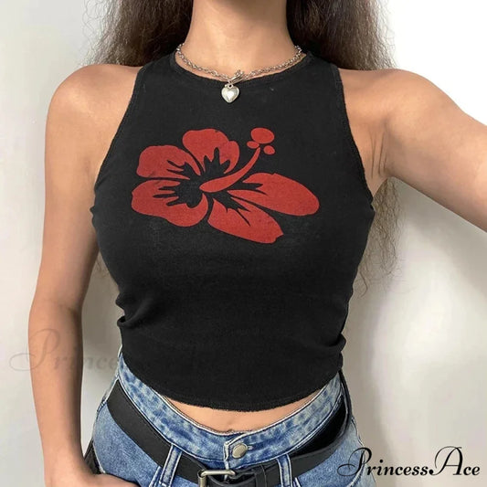 Floral Corset Vintage Sleeveless O Neck Crop Women Contrast Harajuku Cute Summer Sweats Tank top Black / S