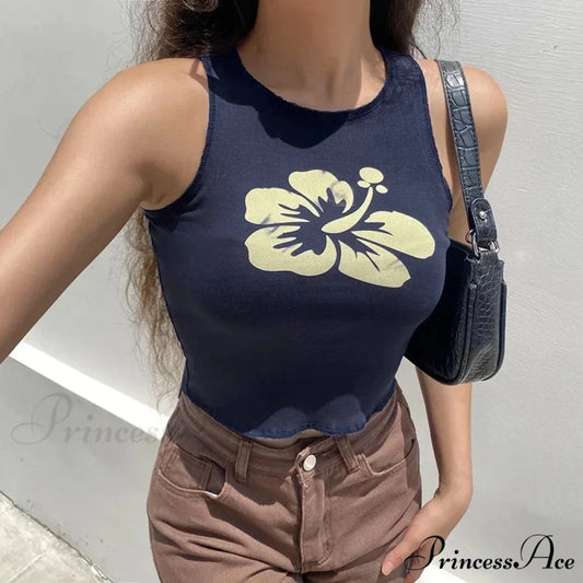 Floral Corset Vintage Sleeveless O Neck Crop Women Contrast Harajuku Cute Summer Sweats Tank top Blue / S