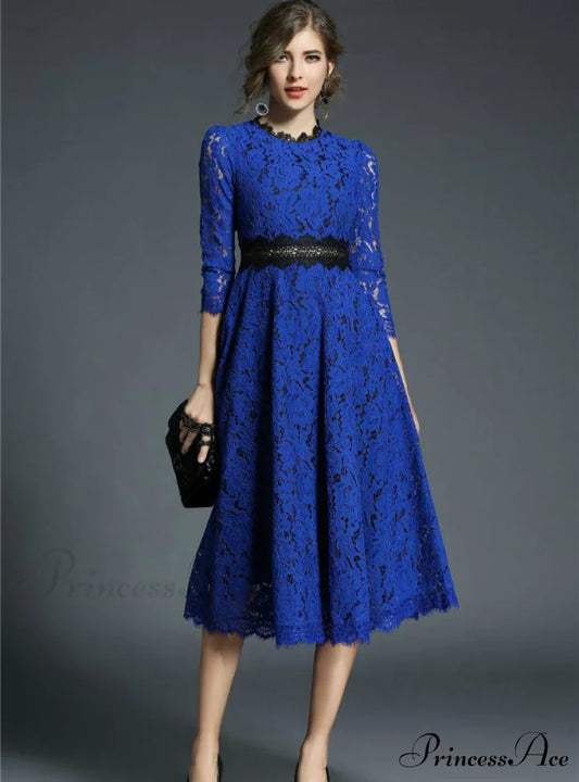 Floral Crochet Hollow Out Patchwork Lace Dress S / Blue