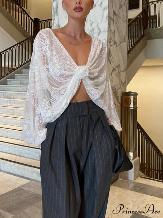 Floral Decor Twisted Trendy Lace Semi-sheer Blouse