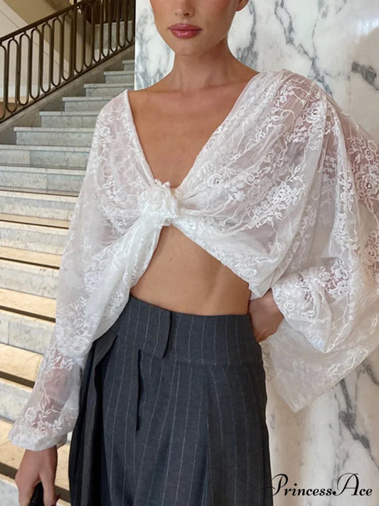 Floral Decor Twisted Trendy Lace Semi-sheer Blouse White / XS