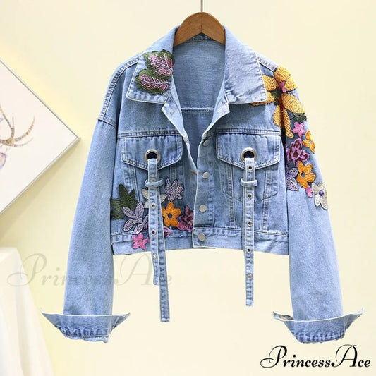 Floral Denim Embroidery Sequined Jacket blue / M