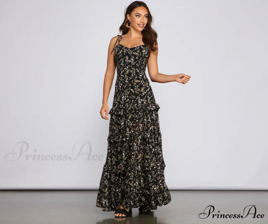 Floral Desire Stylish Ruffled Maxi Dress BLACK / XS