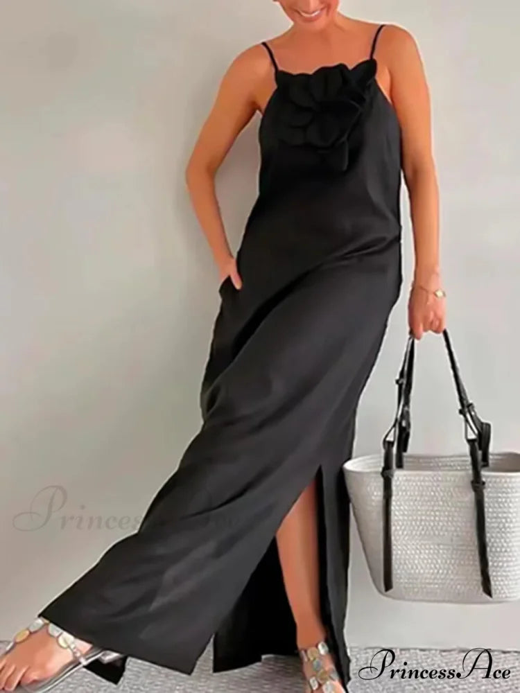 Floral Embellishment Pocketed Charming Slit Maxi Dress Black / S