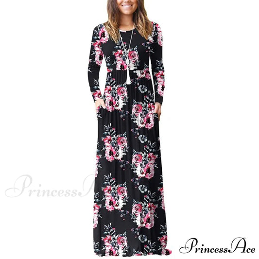 Floral Empire Pleated Maxi Casual Long Dresses black / XL