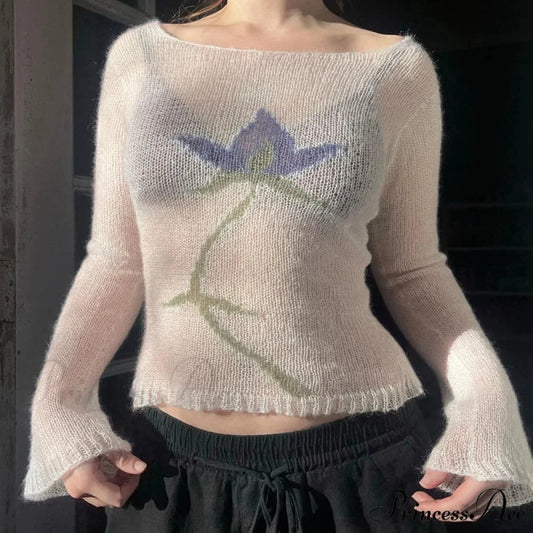 Floral Extended Sleeve Cropped Mesh Knit Sweater Top Women knittop-250126