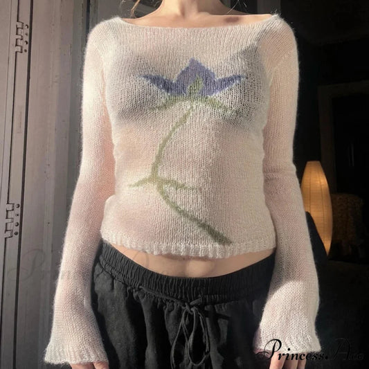 Floral Extended Sleeve Cropped Mesh Knit Sweater Top Women WHITE1 / S knittop-250126