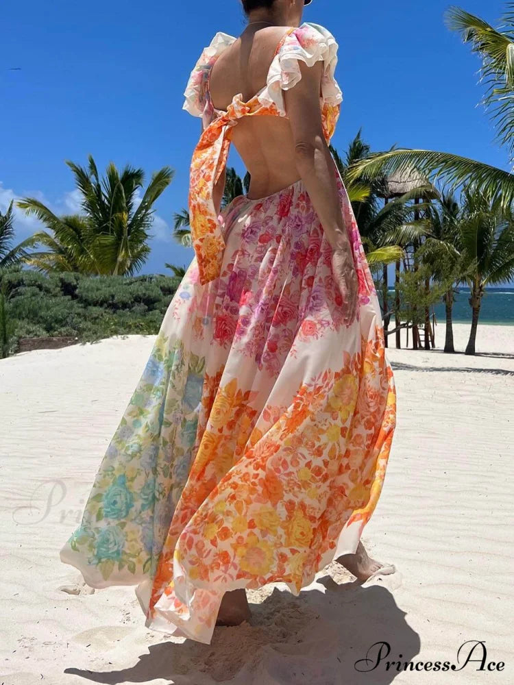 Floral Frill Cutout Charming Back Tie-Up Maxi Dress