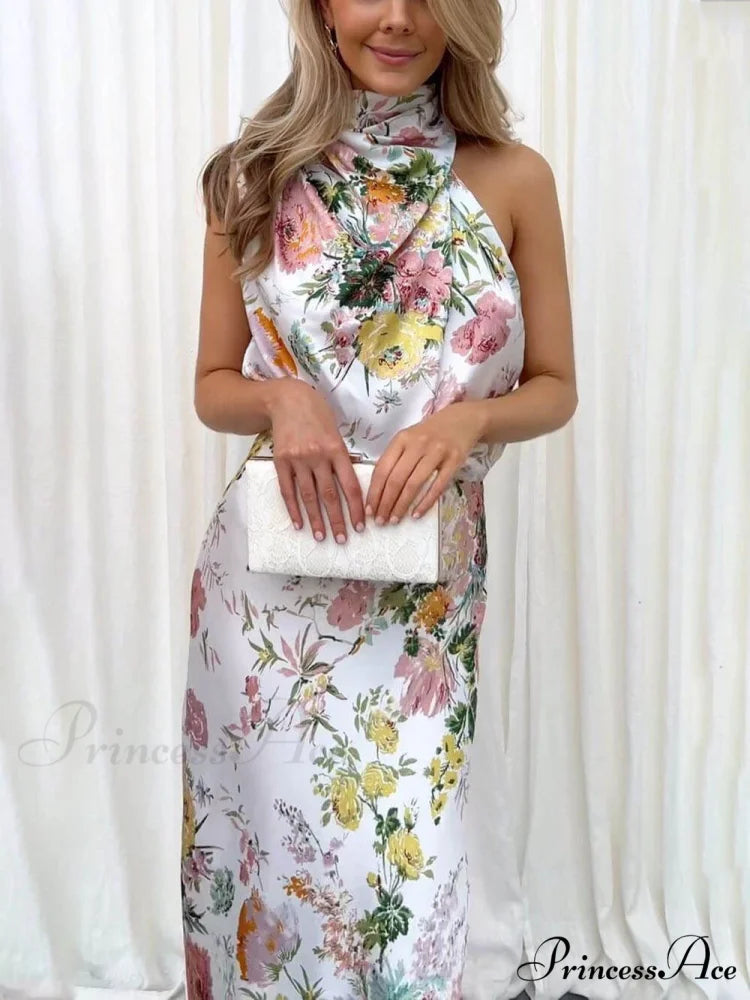 Floral Halter Neck Charming Elastic Waist Maxi Dress White / S