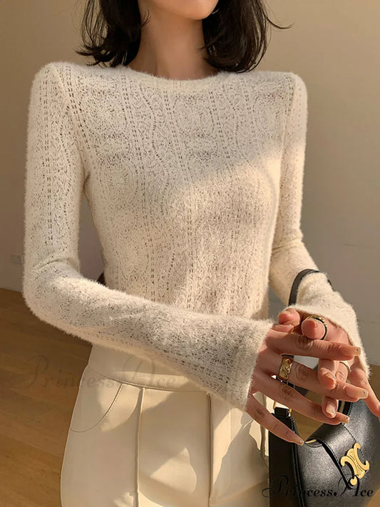 Floral Hollow Knit Crew Modern Neck Long Sleeve Top Apricot / XS