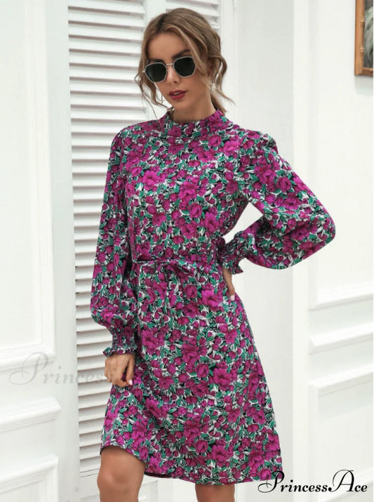 Floral Lace A-Line Skirt with Stand-Up Collar and Lantern Sleeves Dress S / yellow