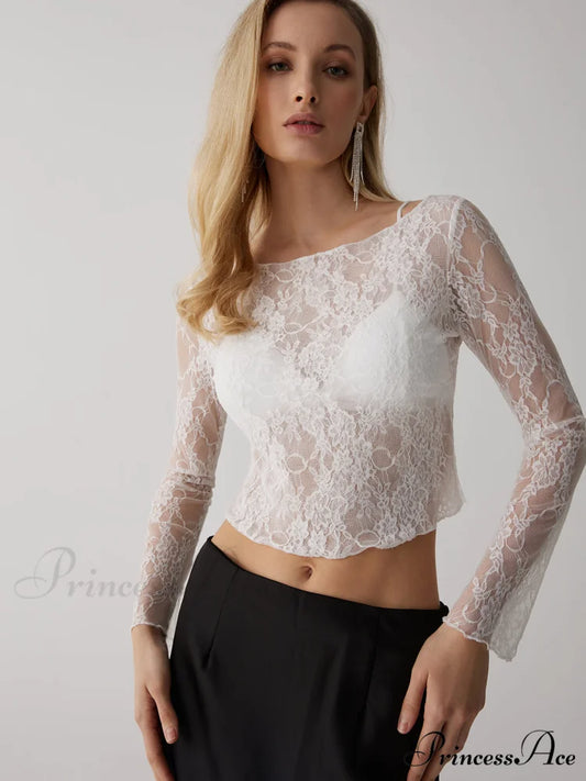 Floral Lace Graceful See Through Top White / S