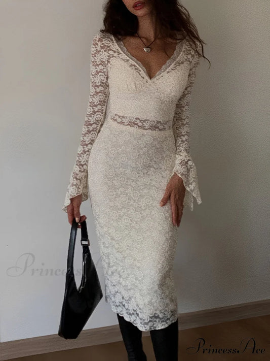 Floral Lace Long Trendy Sleeve Plunge Midi Dress Off-White / XS