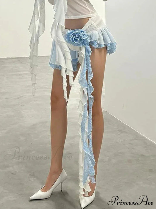 Floral Lace Mini Skirt Uneven Frill Urban Skirt skirt-250126
