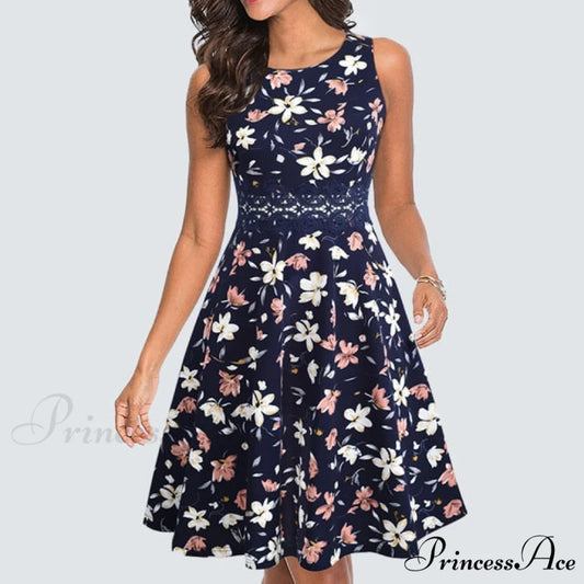 Floral Lace Patchwork Sleeveless Tunic Party Swing Dress Navy And Floral / S
