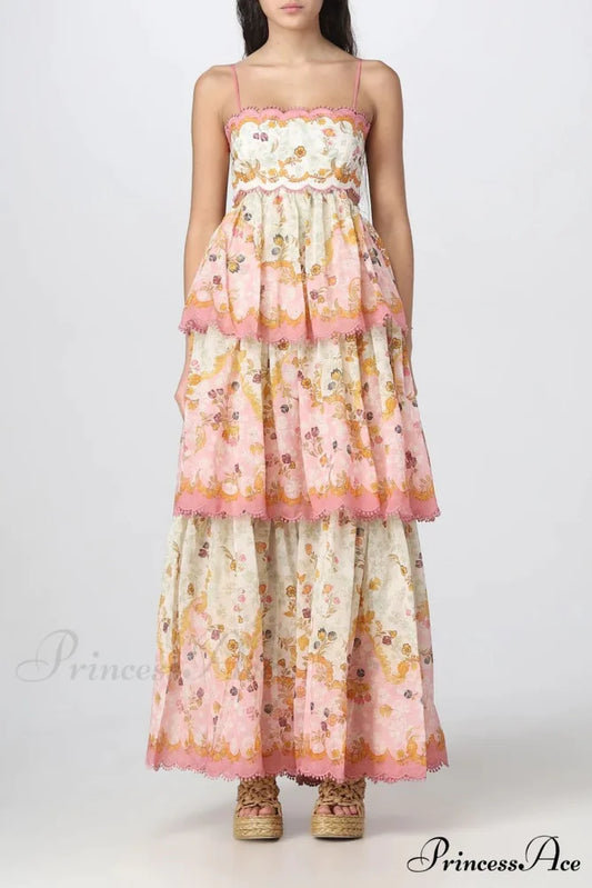 Floral Lace-Trim Midi Charming Dress In Pink