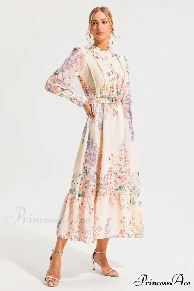 Floral Long Sleeve Charming Maxi Dress With Belt