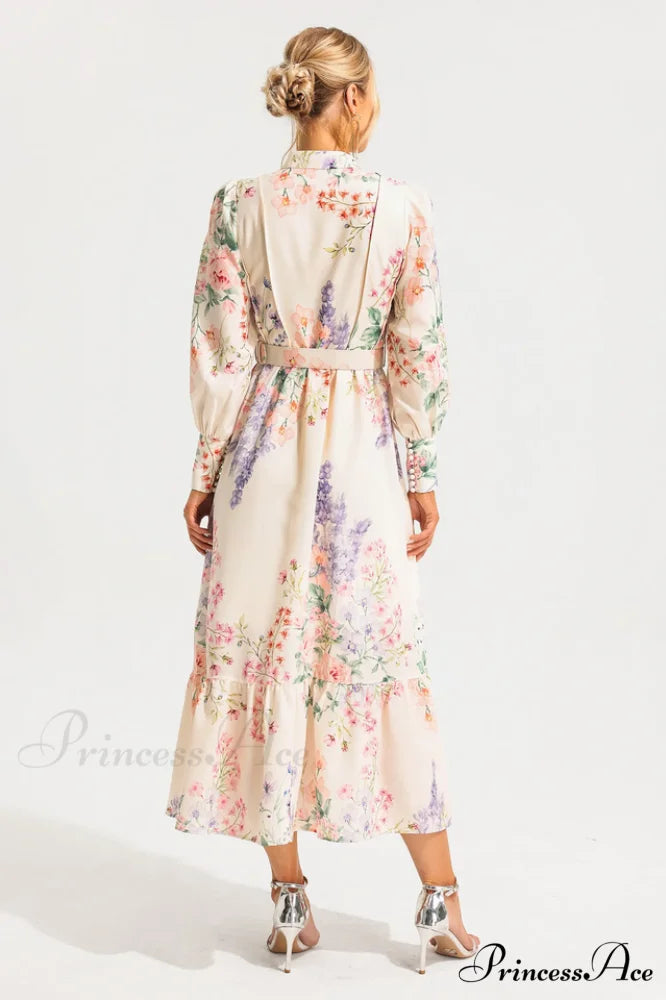 Floral Long Sleeve Charming Maxi Dress With Belt