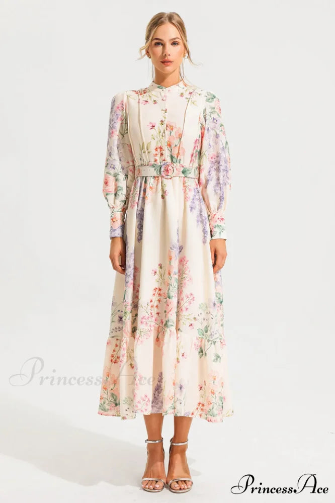 Floral Long Sleeve Charming Maxi Dress With Belt
