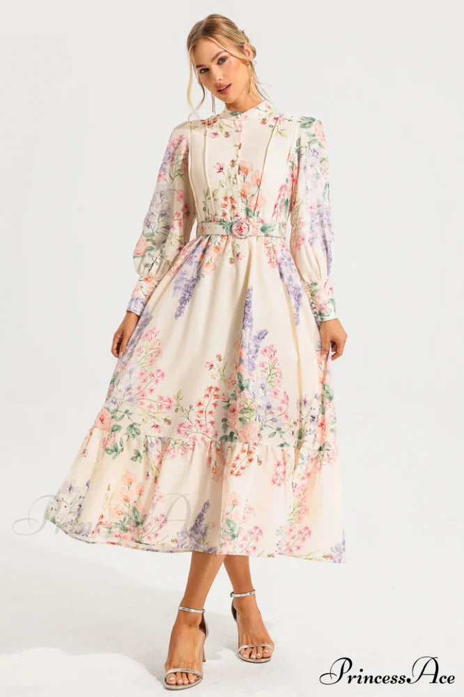 Floral Long Sleeve Charming Maxi Dress With Belt S / Floral