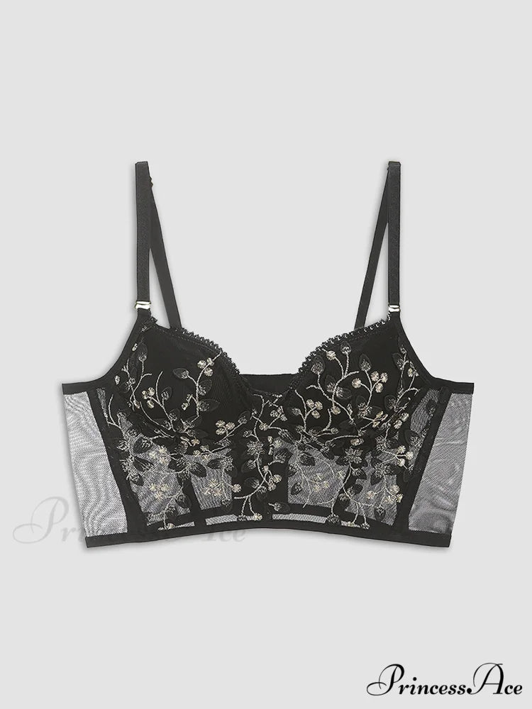 Floral Mesh Lace Trendy Crop Corset Top Black / XS