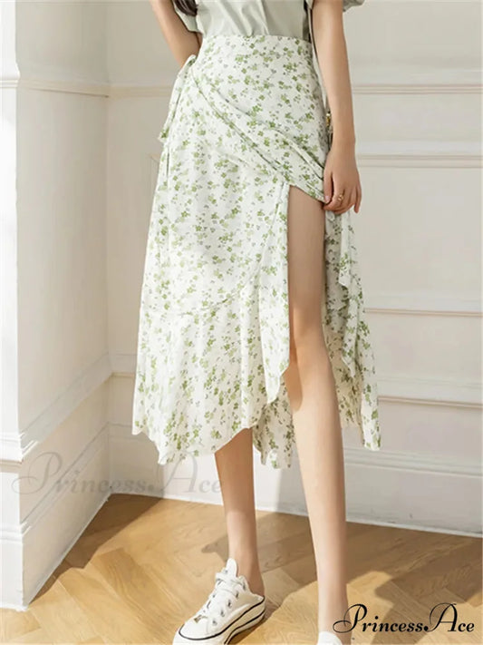 Floral Pattern A-Line Bohemian Retro Skirt Summer Spring Begonia Green / One Size skirt-250126
