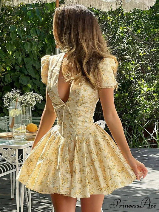 Floral Pattern Plunging Neckline Short Dress Yellow / S minidress-250223