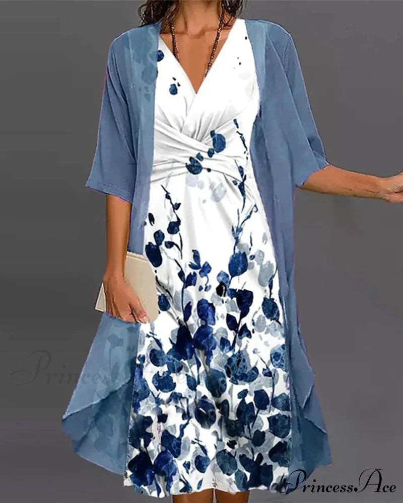 Floral Print Dress Set Blue / S