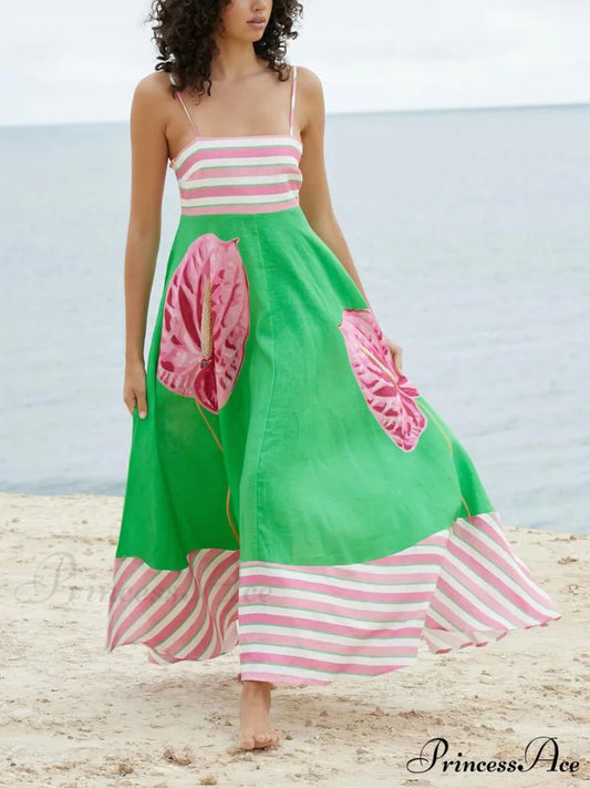 Floral Print Paneled Charming Striped Suspender Mixi Dress Green / S