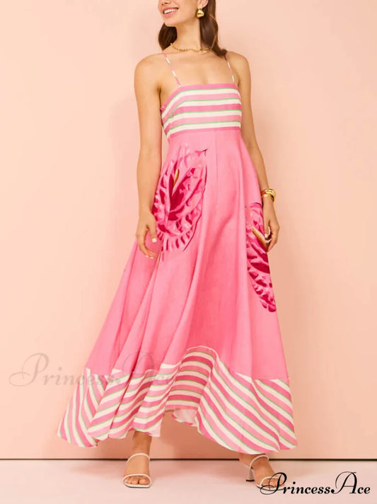 Floral Print Paneled Charming Striped Suspender Mixi Dress Pink / S