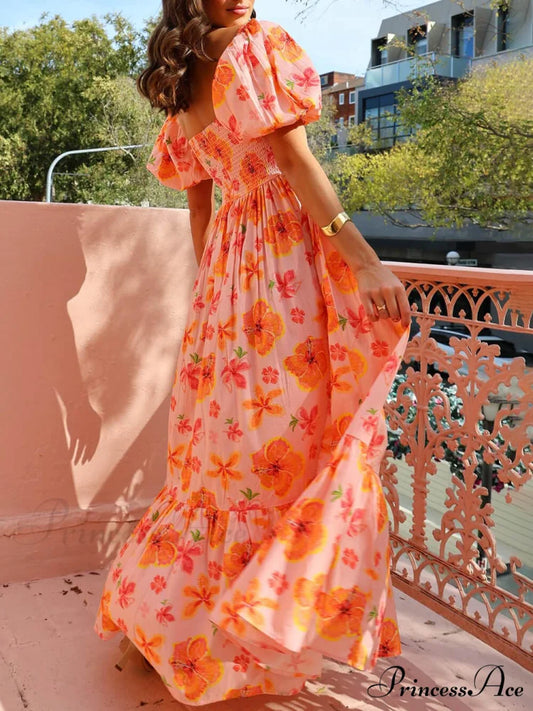Floral Print Puff Sleeve Graceful Back Smocked Pocket Maxi Dress
