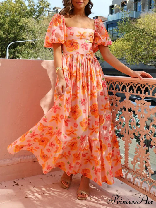 Floral Print Puff Sleeve Graceful Back Smocked Pocket Maxi Dress Orange / S