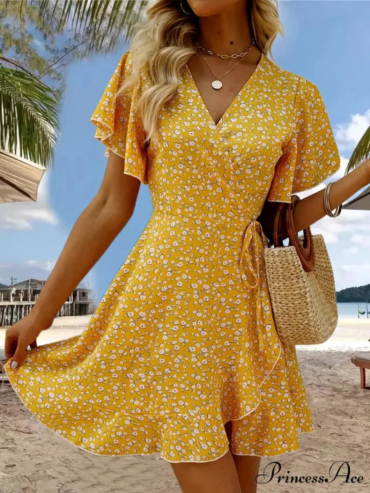 Floral Print Ruffle Hem Wrap Dress with Short Sleeves and V-neck XS / Yellow