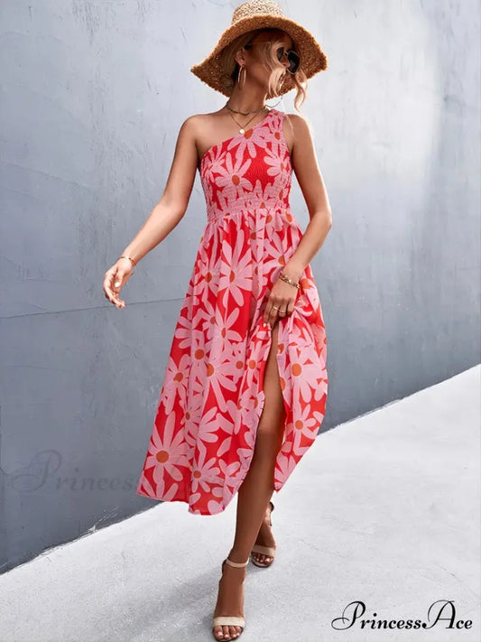 Floral Print Smocked Maxi Dress with One Shoulder S / Orange