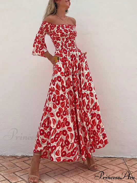 Floral Print Smocked Off Graceful Shoulder Pocketed Maxi Dress