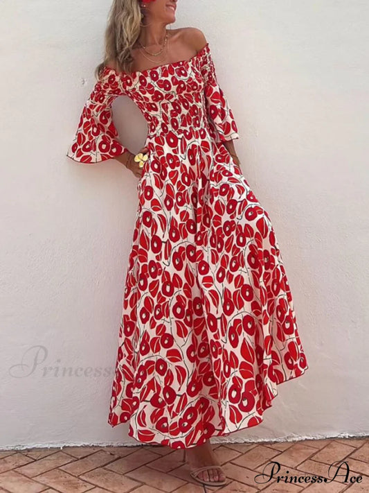 Floral Print Smocked Off Graceful Shoulder Pocketed Maxi Dress Red / S
