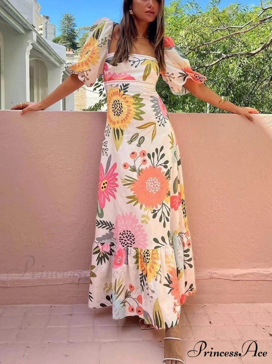 Floral Print Square Neck Graceful Bubble Sleeve Maxi Dress White / S