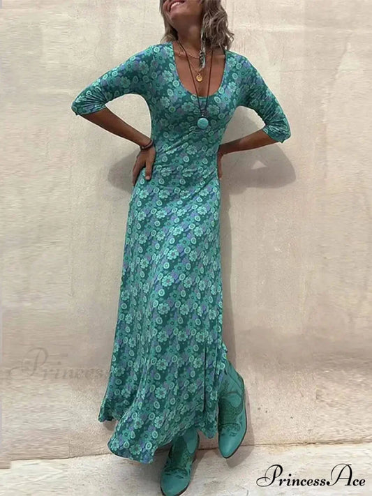 Floral Print Stylish Midi Dress Green / S