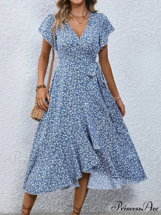 Floral Print Surplice Neck Tied Dress with Flutter Sleeves S / Red
