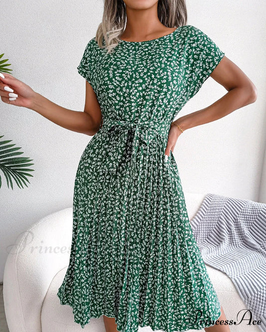 Floral Print Tie Dress - Short Sleeve Green / S