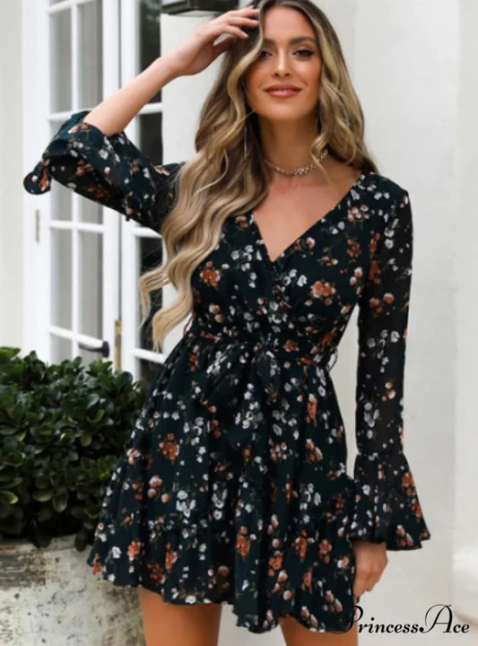 Floral Print V-Neck Belt Mini Dress with Ruffle Flared Long Sleeves S / BLACK