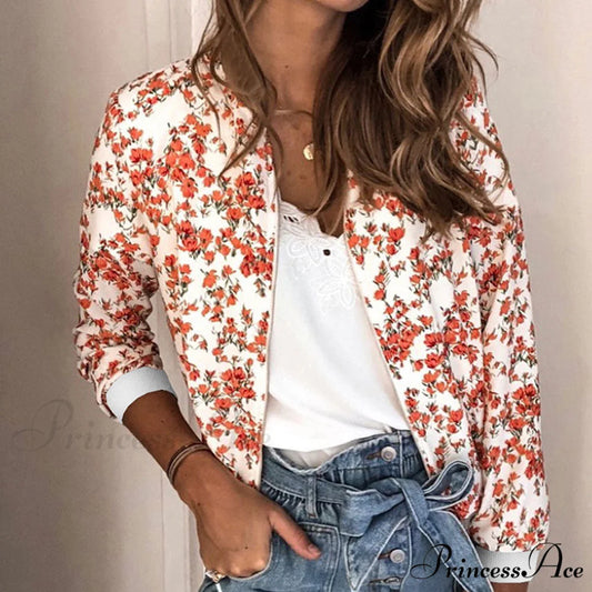 Floral Printed Elegant Zipper Bomber Coat