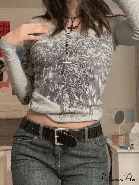 Floral Printed Graceful Ruffle Romper Gray / S