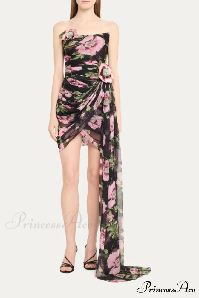Floral Printed Strapless Charming Draped Mini Dress