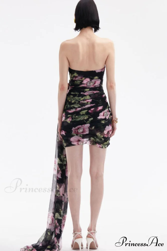 Floral Printed Strapless Charming Draped Mini Dress