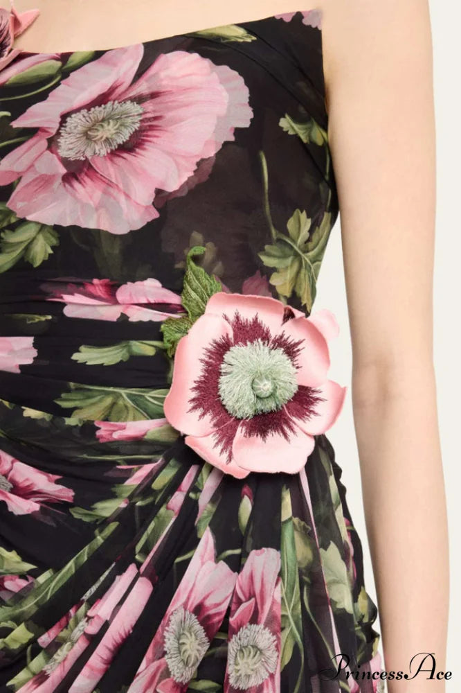 Floral Printed Strapless Charming Draped Mini Dress